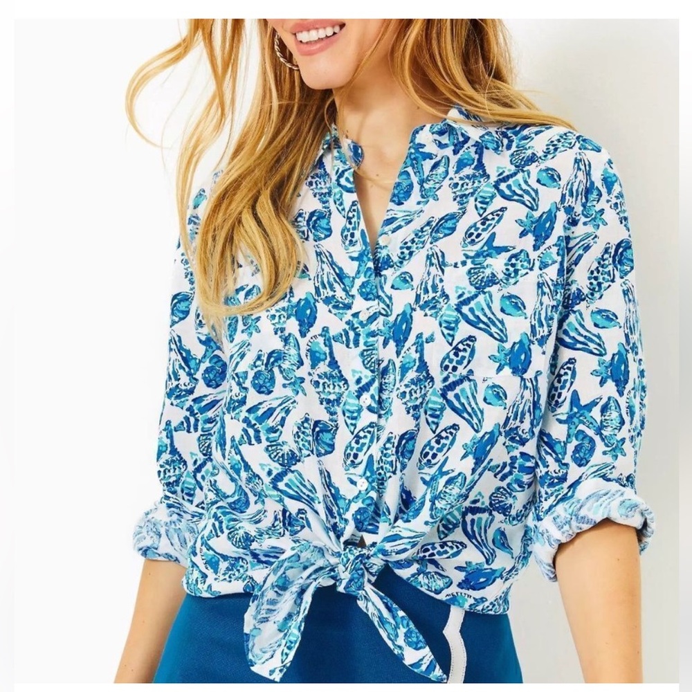 Lilly Pulitzer Blue White Coral Linen Blouse